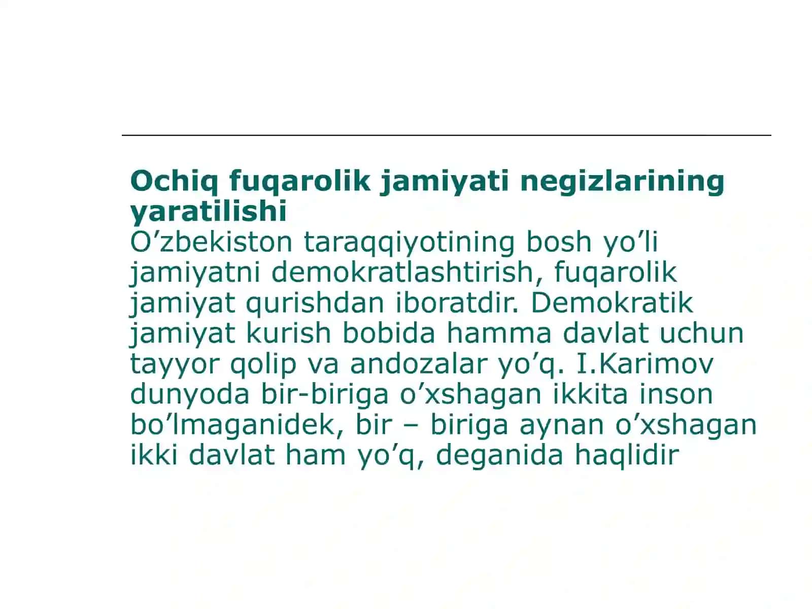 O’ZBEKISTONDA DEMOKRATIK FUQAROLIK JAMIYATI ASOSLARINING SHAKLLANISHI AMALGA OSHIRILGAN SIYOSIY ISLOHOTLAR TAQDIMOTI 3