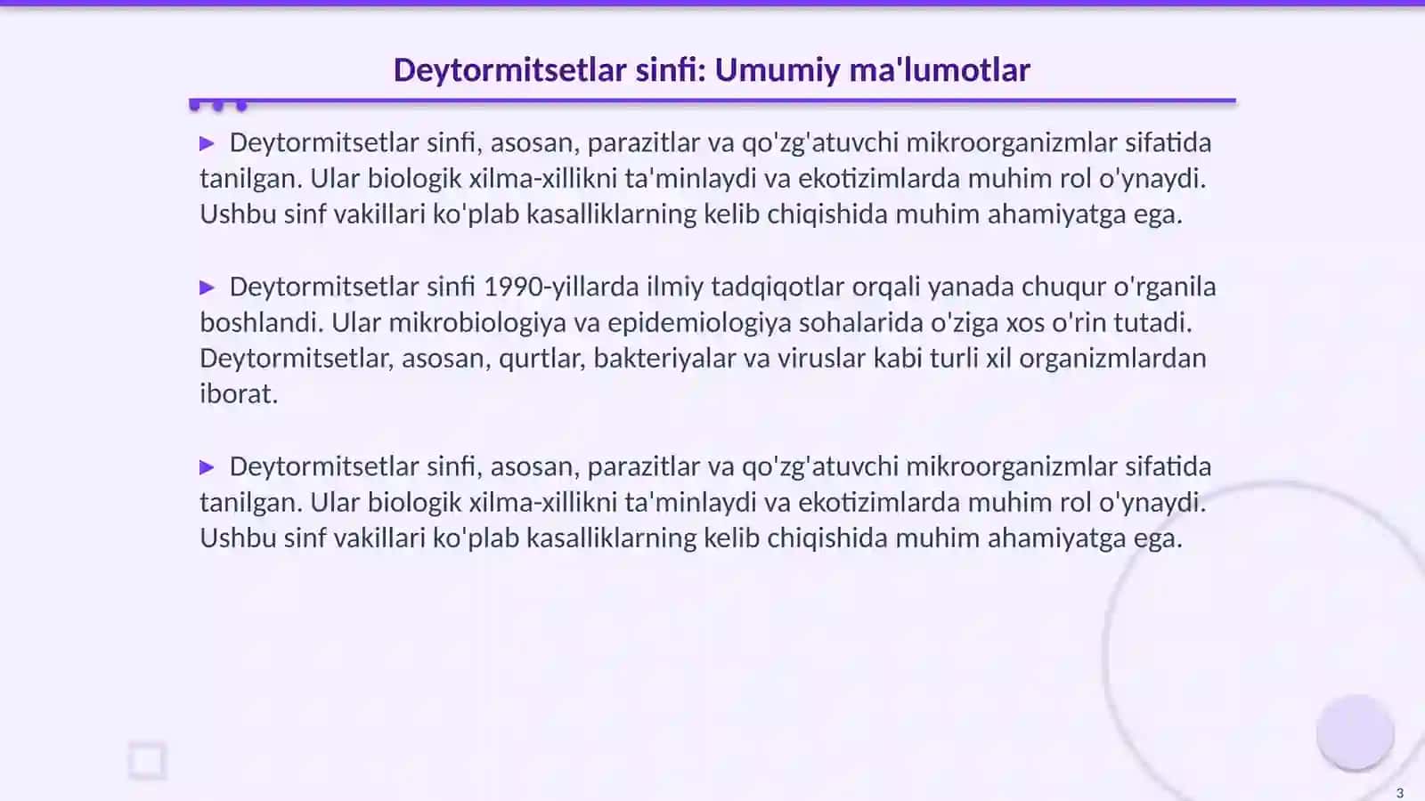 Deytormitsetlar sinfi vakillari qoʻzgʻatuvchi kasalliklarni oʻrganish 3