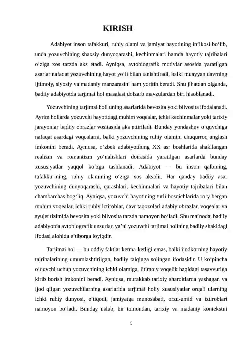 "Yozuvchi tarjima holining berilishiga xos xususiyatlari (O’tmishdan ertaklar,Sarob)" kurs ishi 3