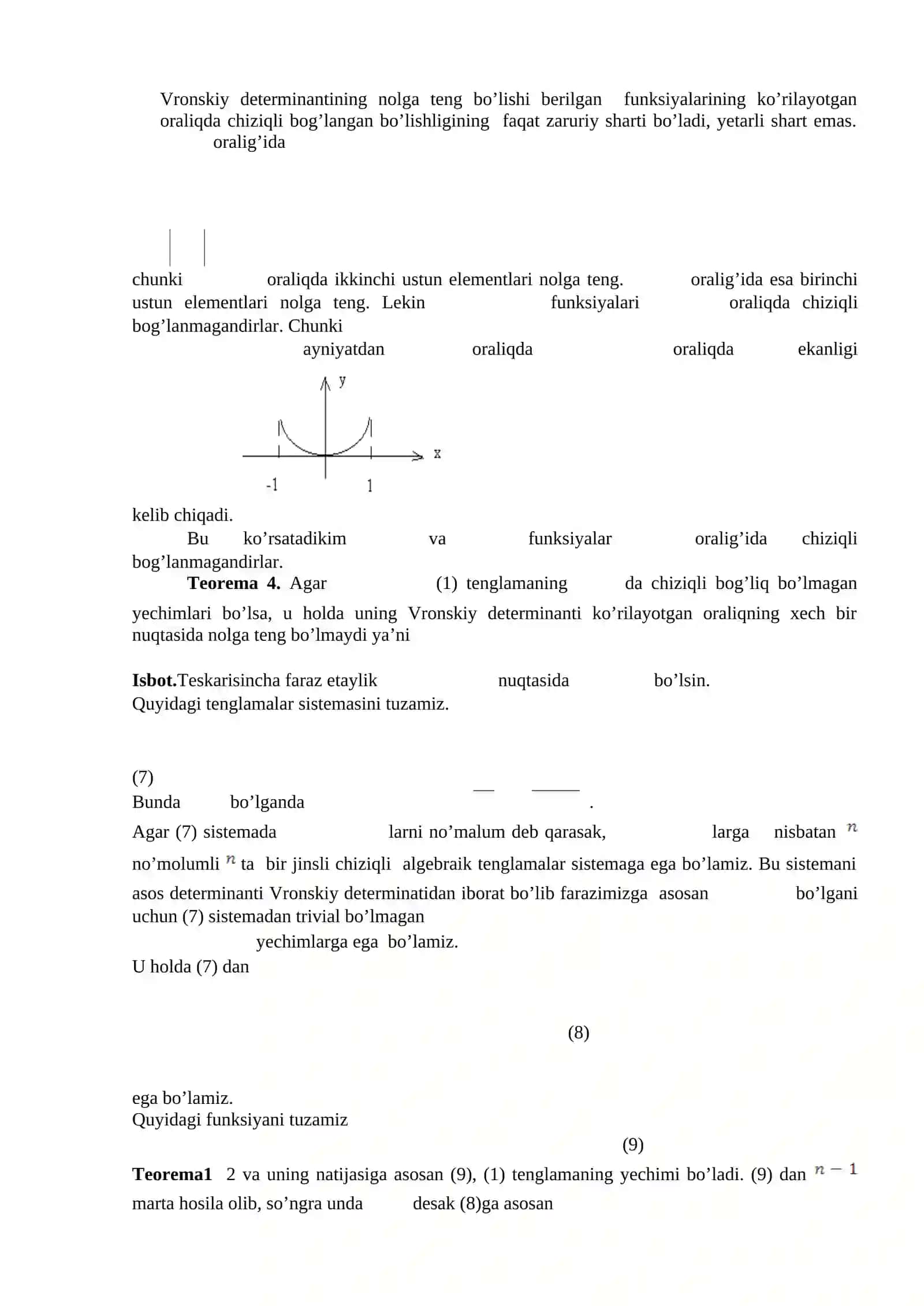 n- tartibli bir jinsli chiziqli differensial tenglama. Yechimning xossalari. Vronskiy determinant va uning xossalari 3