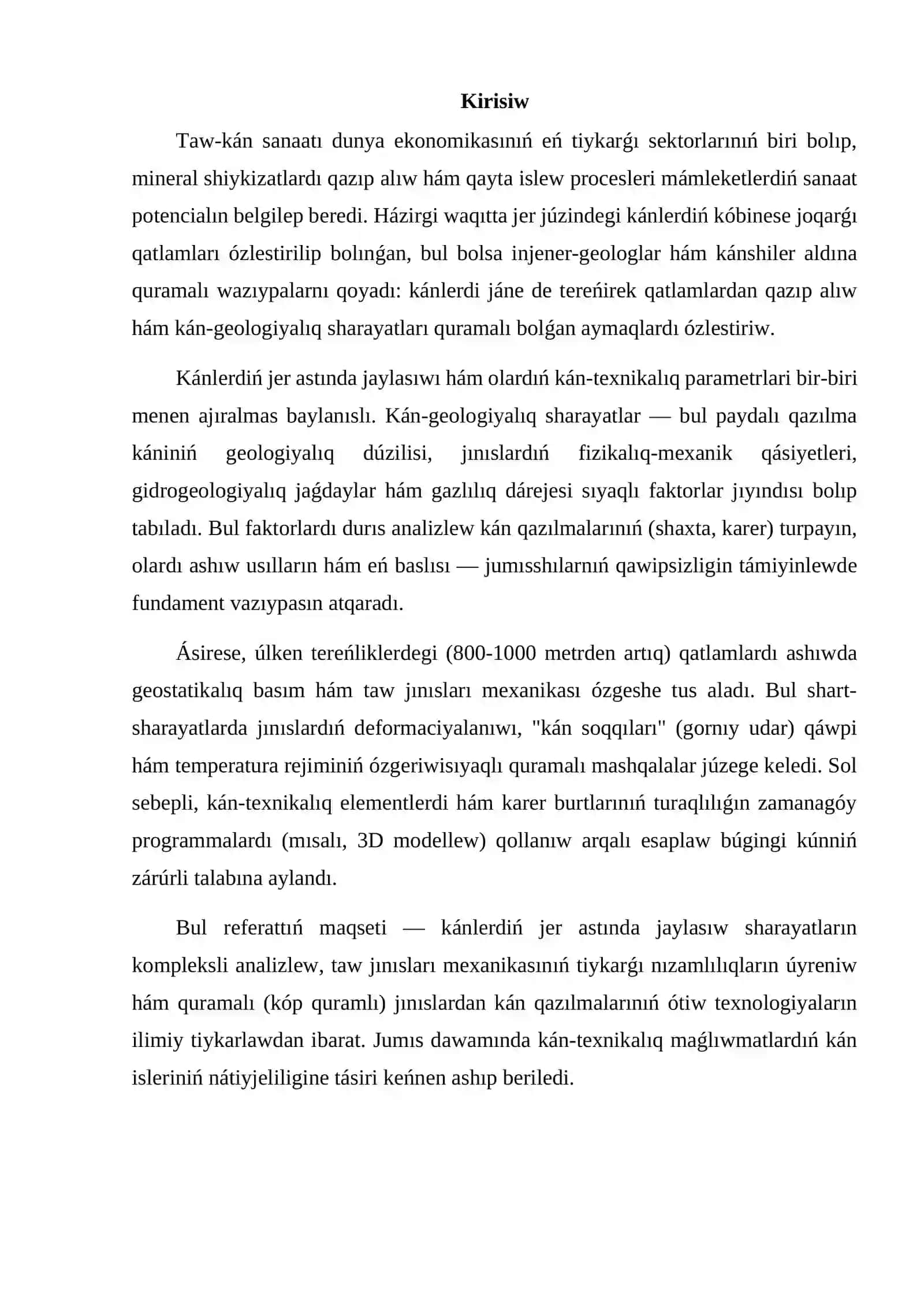 Kánlerdiń jer astında jaylasıwınıń kán-texnikalıq hám kán-geologiyalıq sharayatlarınıń analizi 3