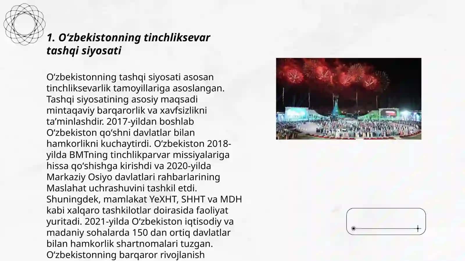 Oʻzbekiston da markaziy Osiyoda tinchlik va barqarorlikni taʼminlashdagi oʻrni 3