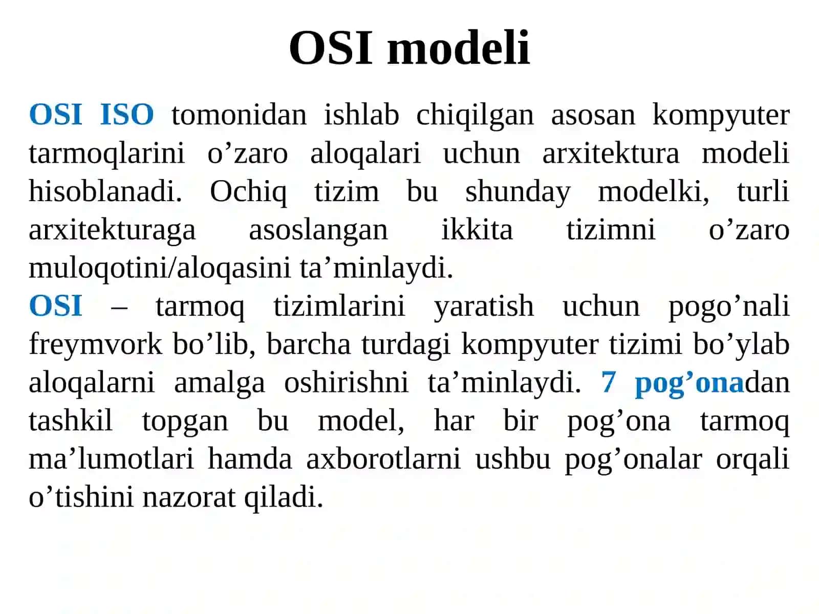 Tarmoqlarning tuzilish tamoyillari. Ma’lumot uzatish modellari (OSI va TCP/IP) 3