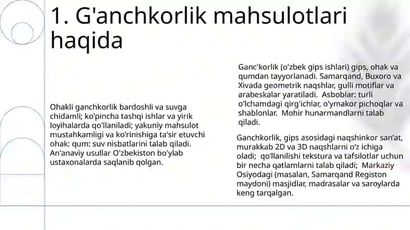Ganchkorlik mahsulotlari turlari materiallar va asbob-uskunalarini oʻrganish 3