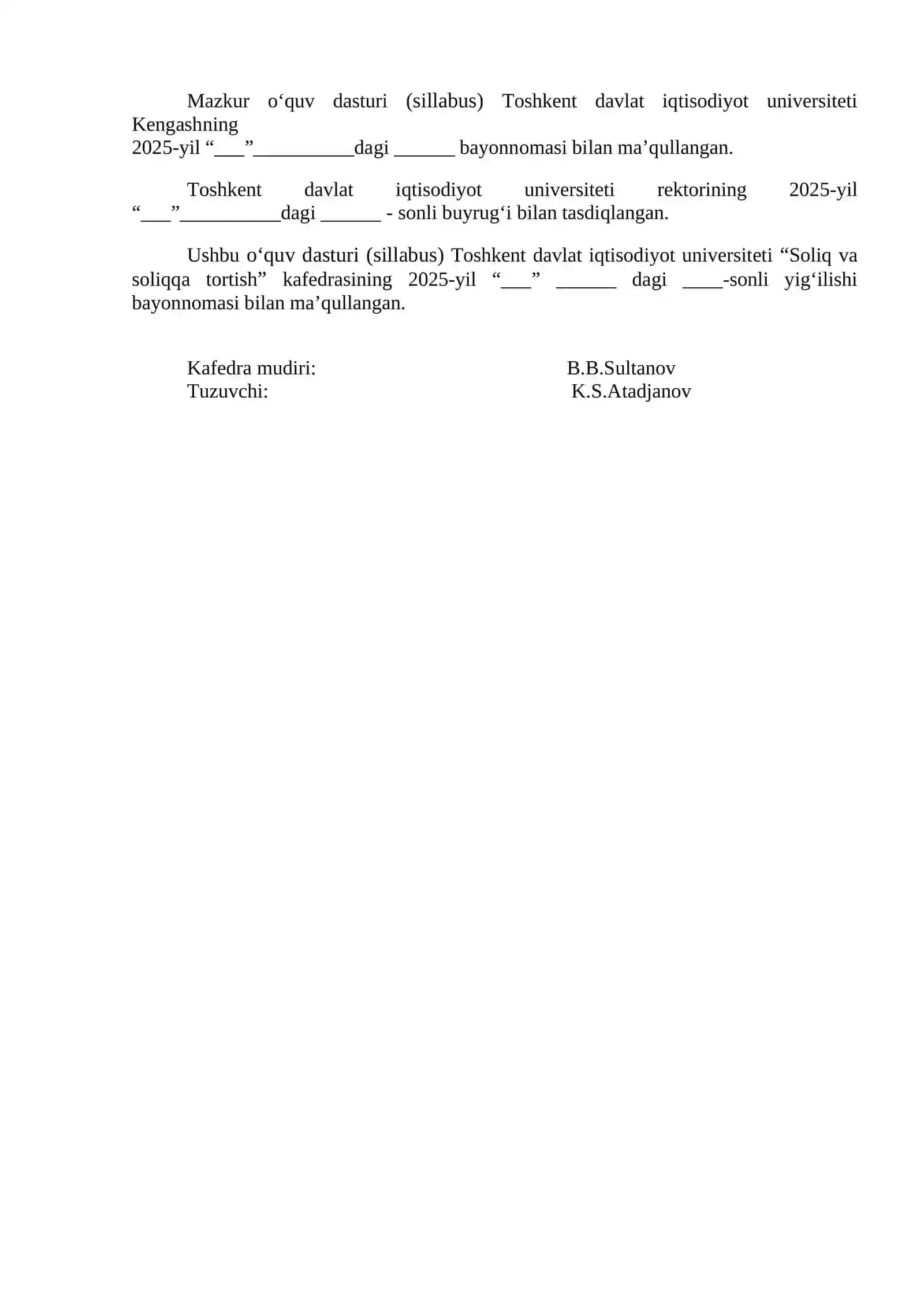 Xalqaro soliqqa tortish fanining o'quv dasturi (sillabus) 3