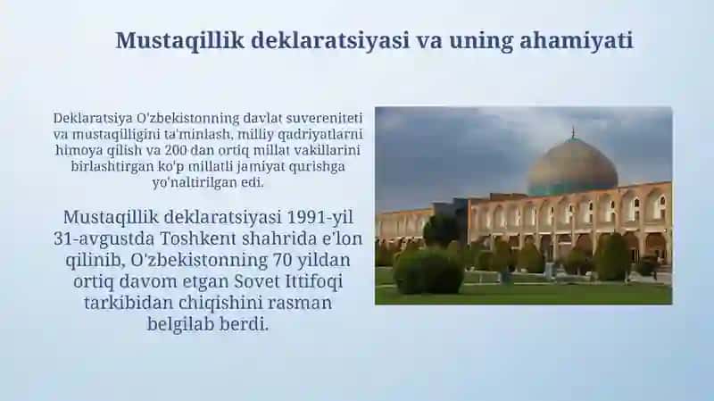 Mustaqil O'Zbekiston Respublikasi tashkil topishining tarixiy ahamiyati 3
