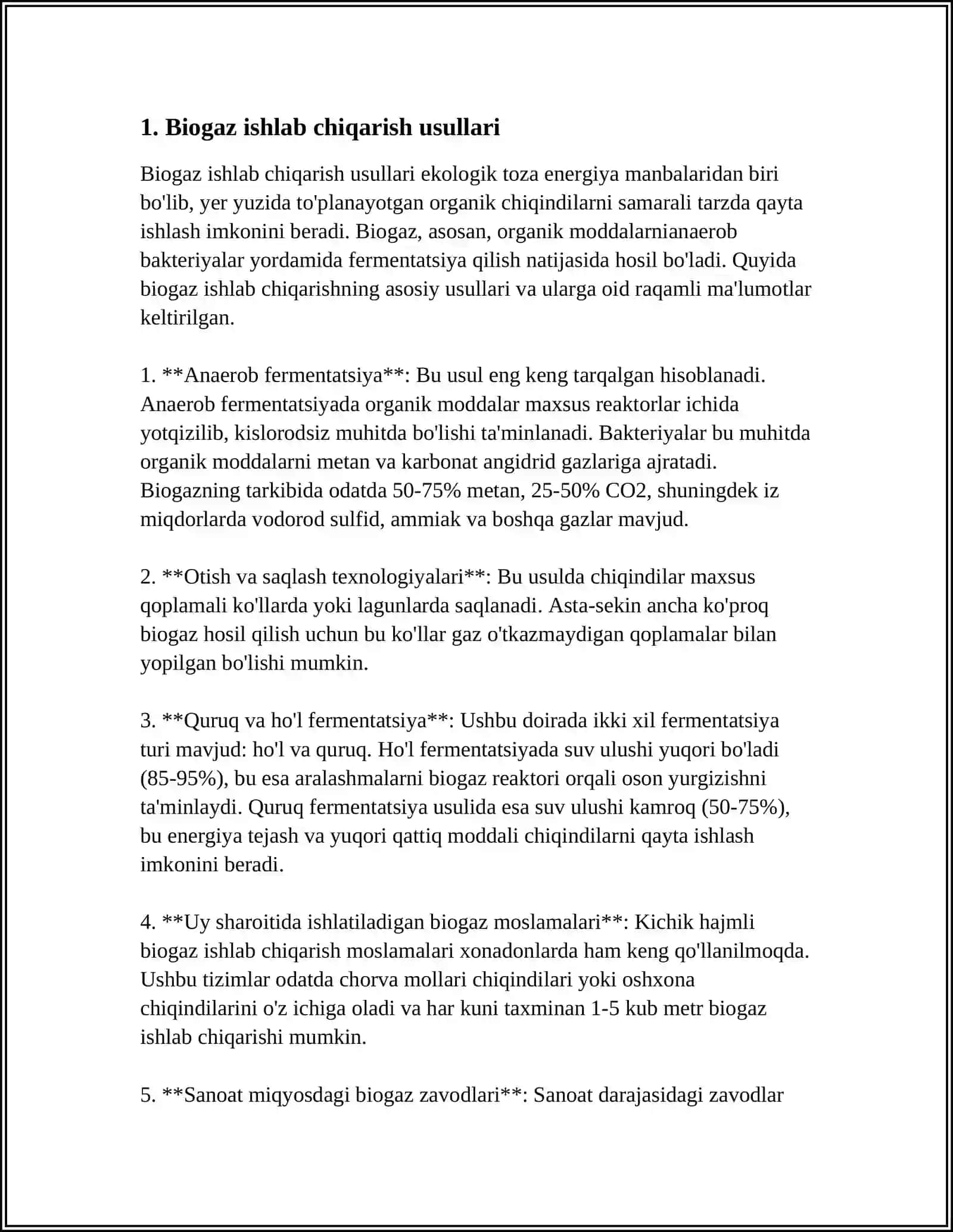 QISHLOQ XOʻJALIGI CHIQINDILARI ASOSIDA BIOGAZ OLISH VA ULARNI ORGANIK CHIQINDILARDAN TOZALASH 3