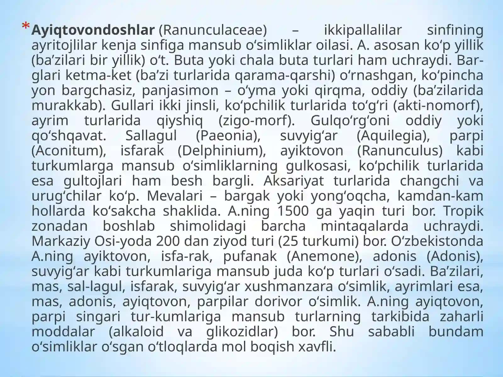 Ayiqtovondoshlar(Ranunculaceae)oilasidorivoro’simliklari 3
