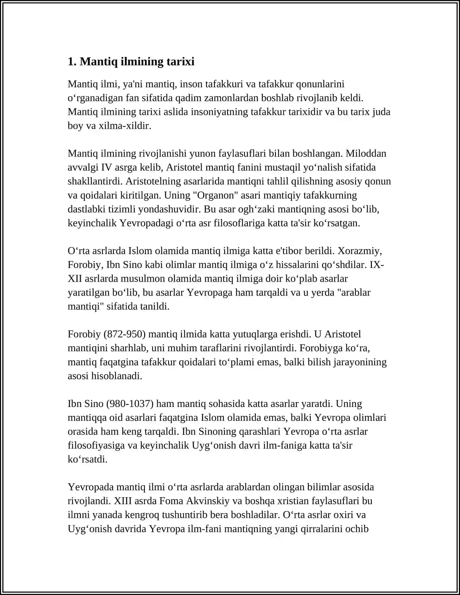 MANTIQ ILMINING ASOSIY MASALALARI VA ULARNI TADQIQ ETISH YOʻNALISHLARI. TAFAKKURNING MANTIQIY SHAKLLARI VA QONUNLARI 3