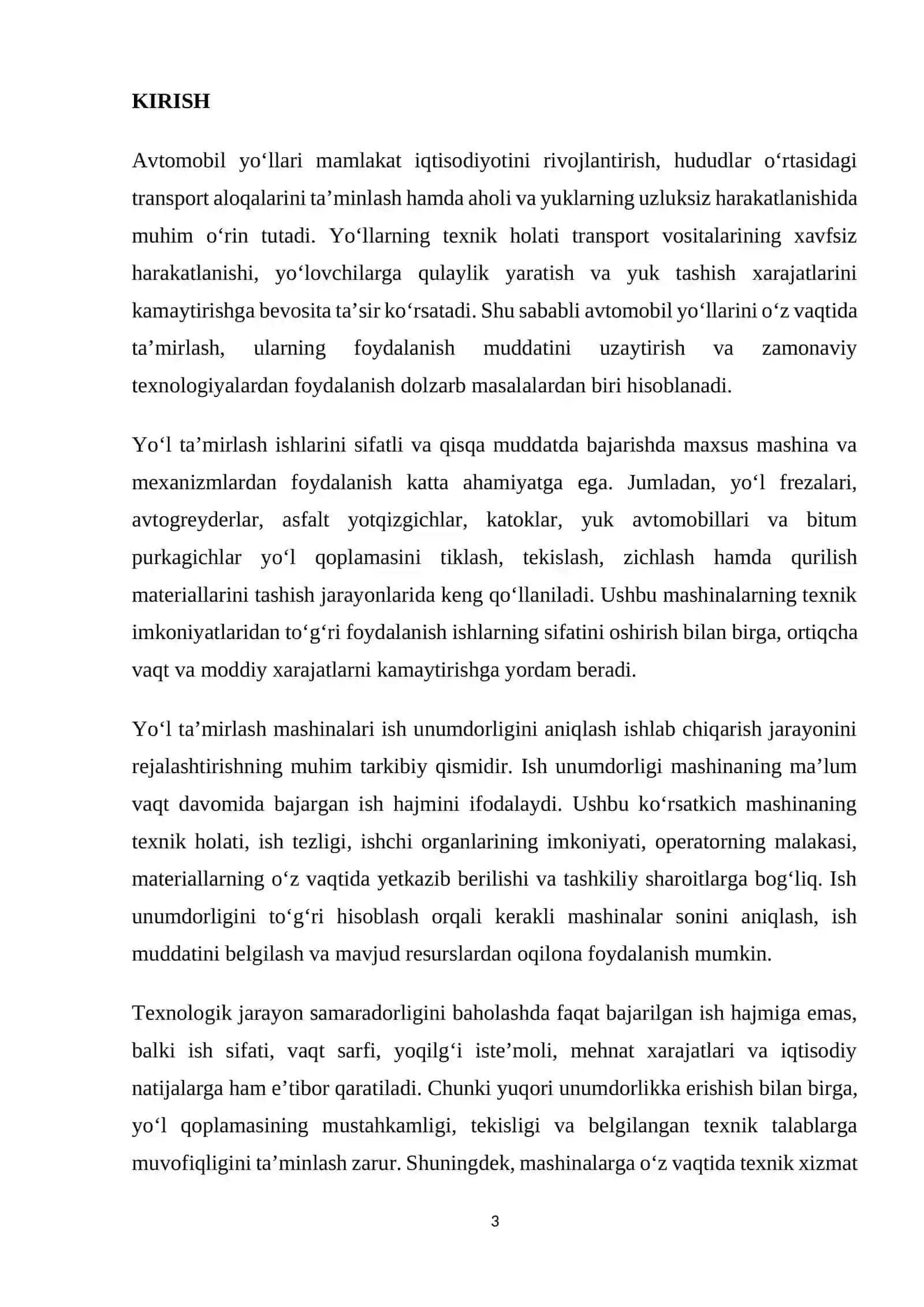 Mavzu: “Yól tamirlash mashinalari ish unumdorligini aniqlash va texnologik jarayon samaradorligini baholash” 3