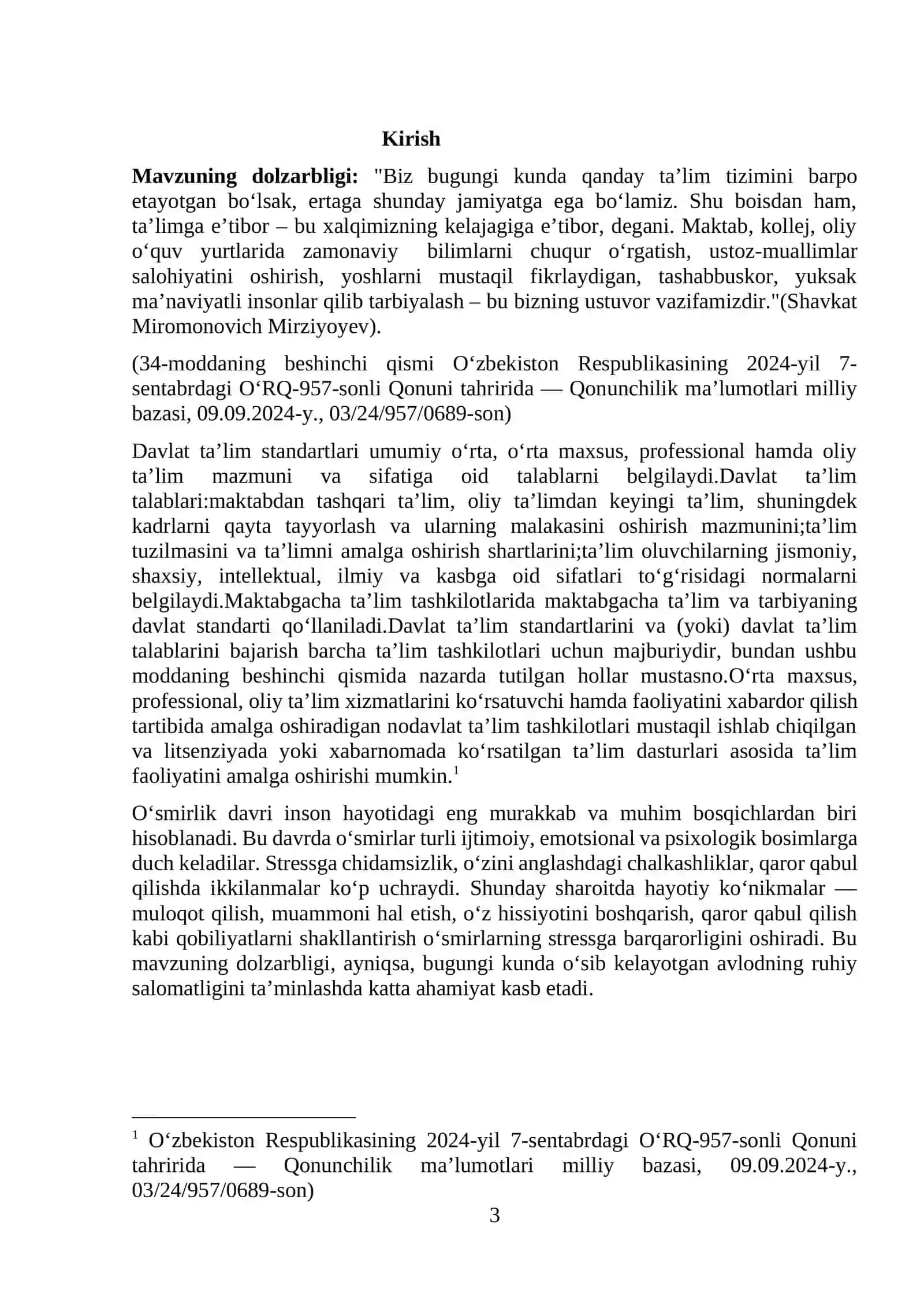 "O'SMIRLARDA HAYOTIY KO’NIKMALARNI SHAKLLANTIRISH ORQALI STRESSGA BARQARORLIKNI OSHIRISH" KURS ISHI 3