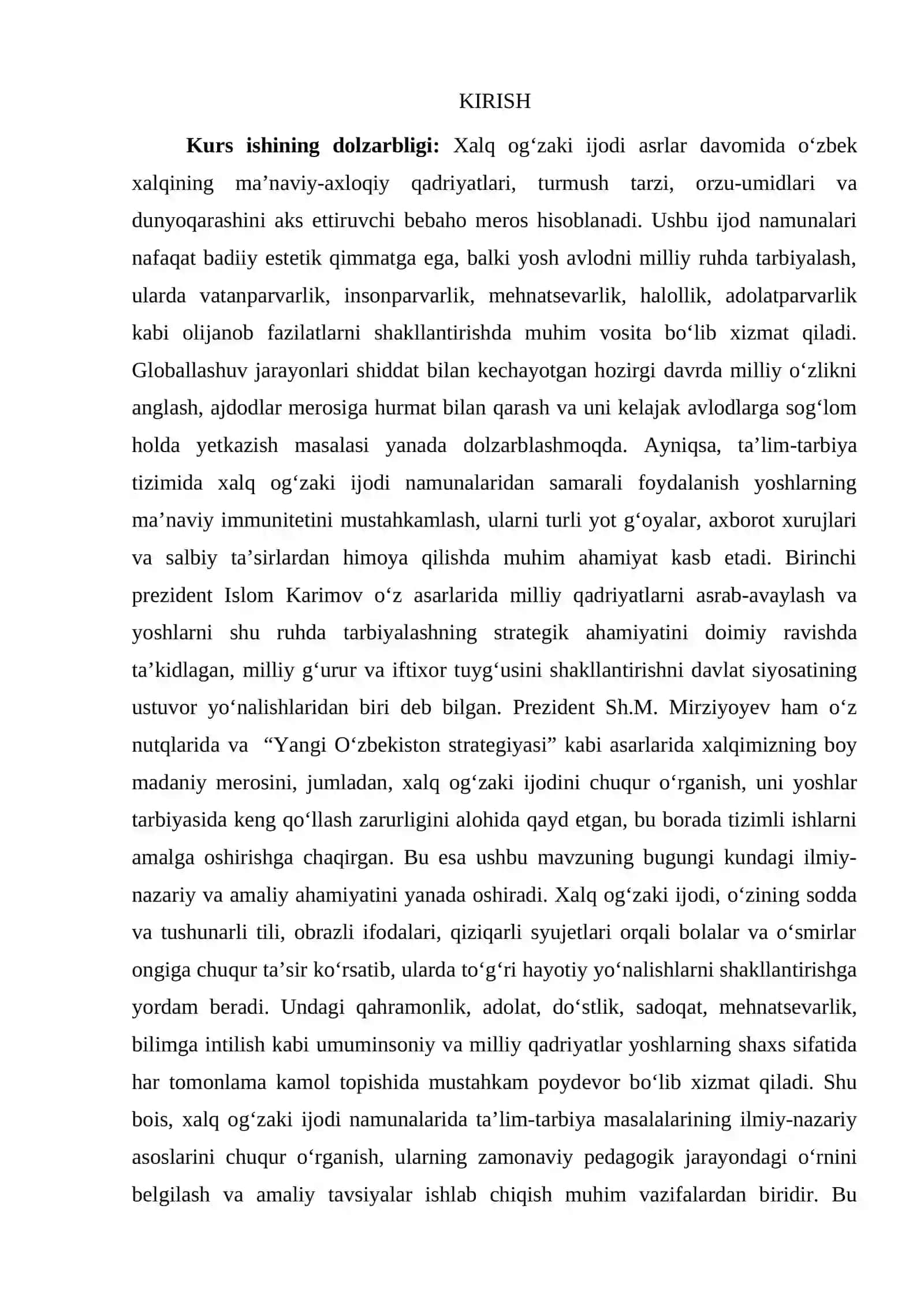 XALQ OGʻZAKI IJODIY NAMUNALARIDA TA'LIM-TARBIYA MASALALARI KURS ISHI 3