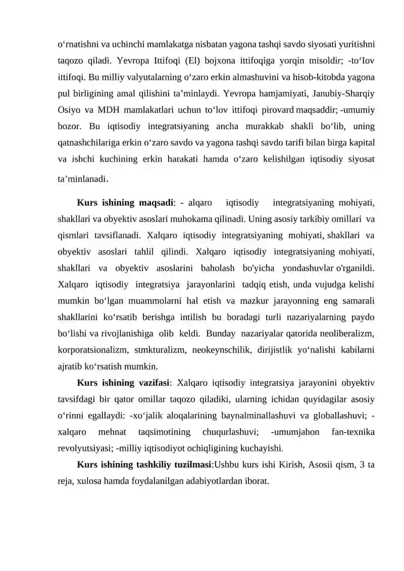 XALQARO IQTISODIY INTEGRATSIYA VA O’ZBEKISTONNING JAHON HAMJAMIYATIGA KIRIB BORISHI 3