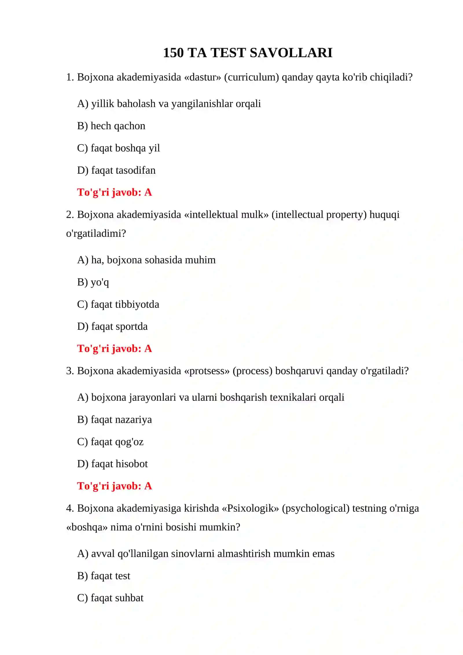 BOJXONA AKADEMIYASI TESTLARI 3