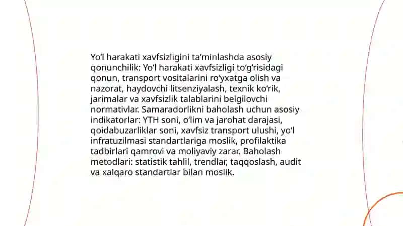 Huquqiy asoslarning yoʻl harakati xavfsizligi taʼsirini baholash 3