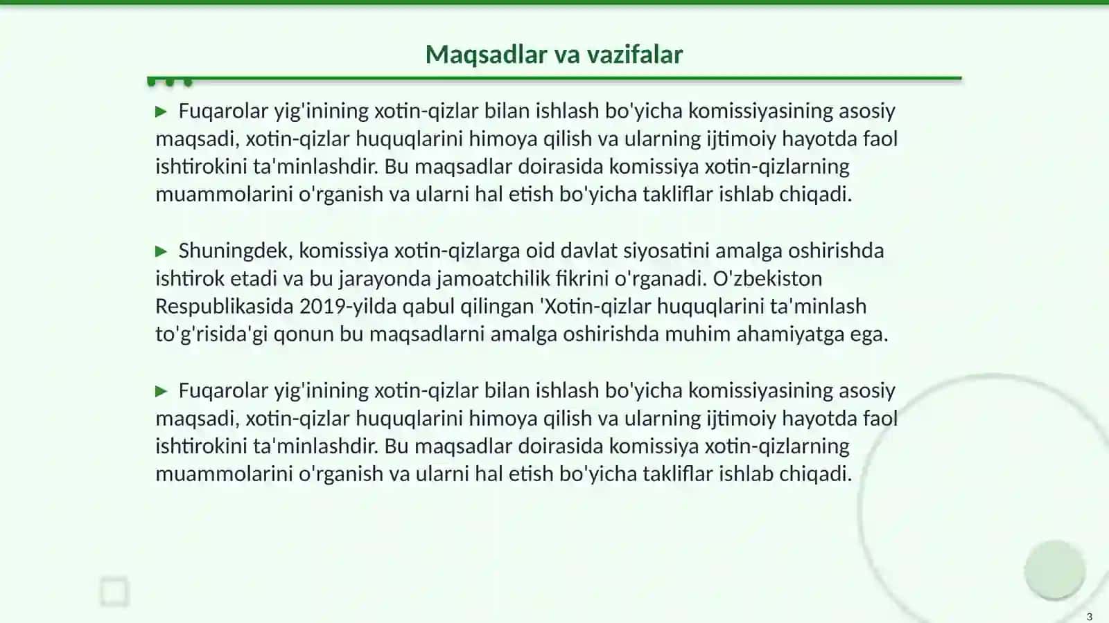 Fuqarolar yig'inining xotin-qizlar bilan ishlash bo'yicha komissiyasi 3
