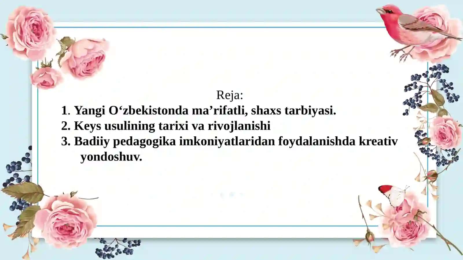 Bilim, taraqqiyotga oʻtish borasida kompetensiyalarni shakllantirish. Maʼruza va amaliy mashgʻulotlar, shuningdek, reyting nazorati uchun keyslar va testlar toʻplamini shakllantirish 3