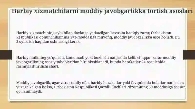 Harbiy xizmatchilarni moddiy javobgarlikka tortish asoslari 3