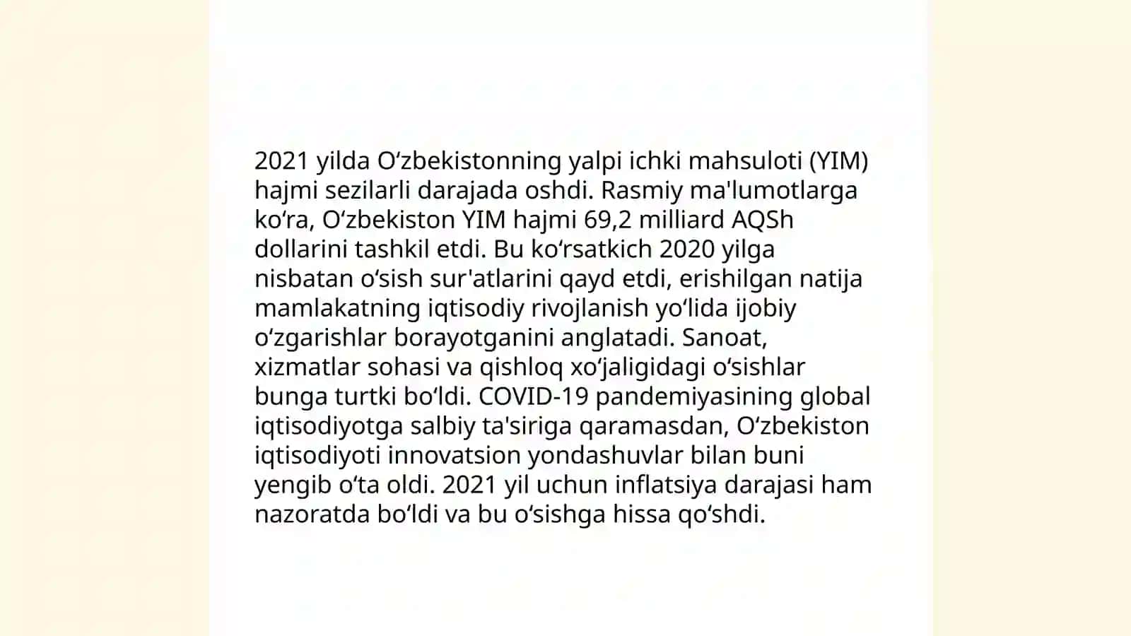 O‘zbekistonning yalpi ichki mahsuloti (YIM) hajmi 2021-2023 3