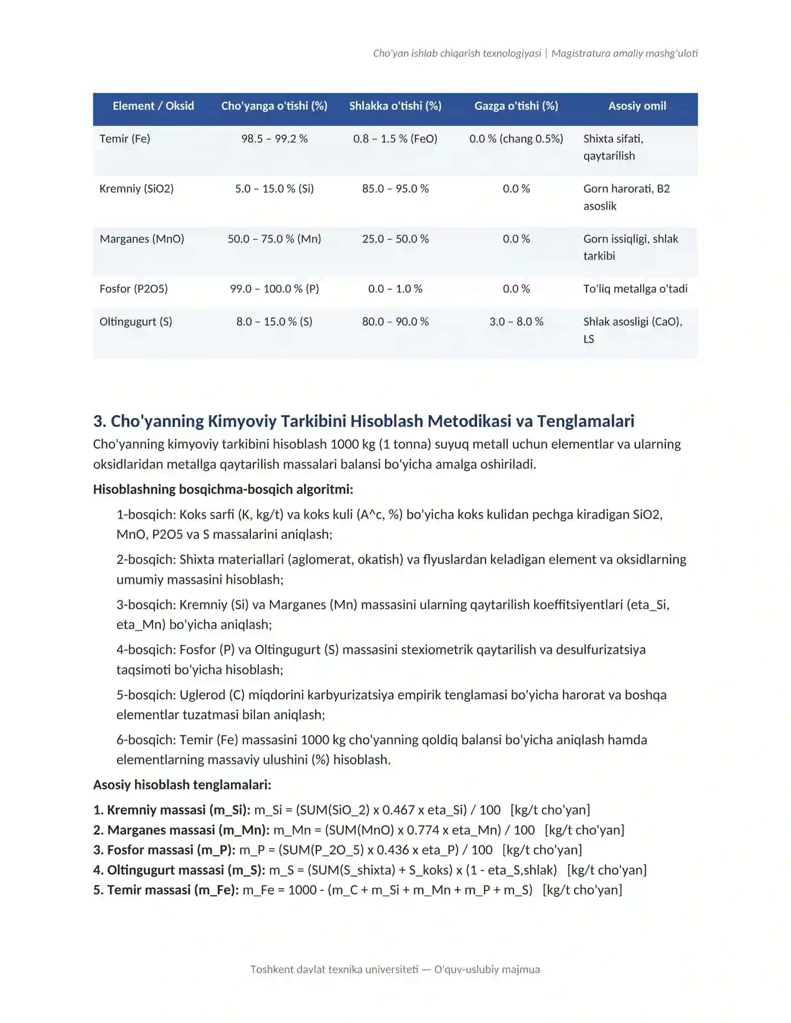 Cho'yan ishlab chiqarish texnologiyasi | Magistratura amaliy mashg'uloti 3