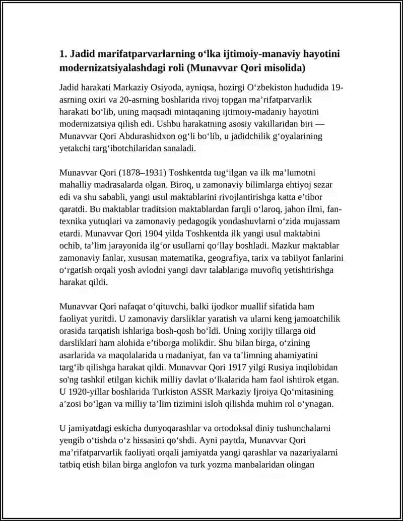 JADID MARIFATPARVARLATNING OʻLKA IJTIMOIY MANAVIY HAYOTIDA TUTGAN OʻRNI( MUNAVVARQORI, FITRAT, BEHBUDIY, AVLONIYVA BOSHQALAR) HAQIDA 3