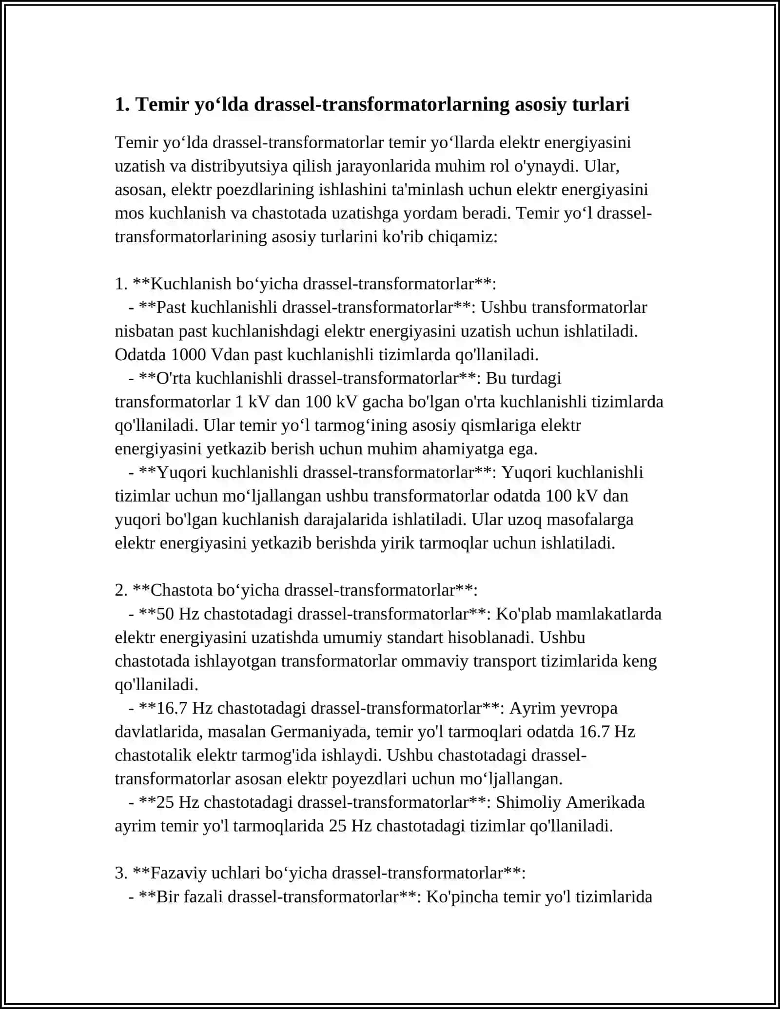 MUSTAQIL ISH Mavzu: TEMIR YOʻLDA DROSSEL-TRANSFORMATORLARINING TURLARI ISHLASH PRINSIPLARI VA ULARDAGI OʻLCHOVLAR 3