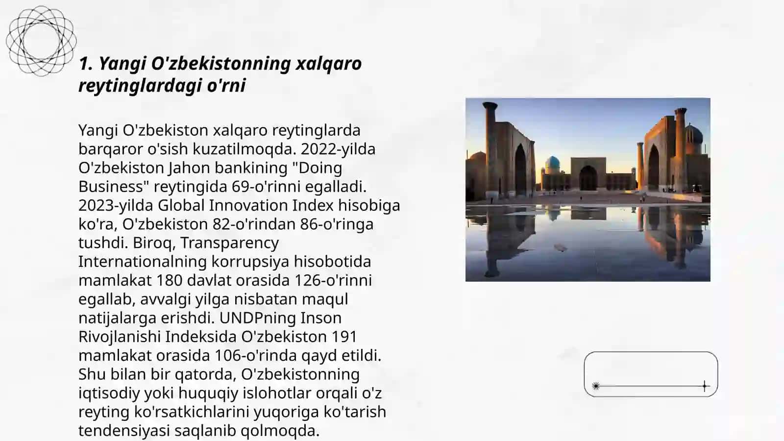 Yangi O’zbekiston ijtimiiy-siyosiy,iqtisodiy va madaniy hayotida ro’y berayotgan o’zgarishlarning xalqaro reyting va indekslarda aks etishi 3