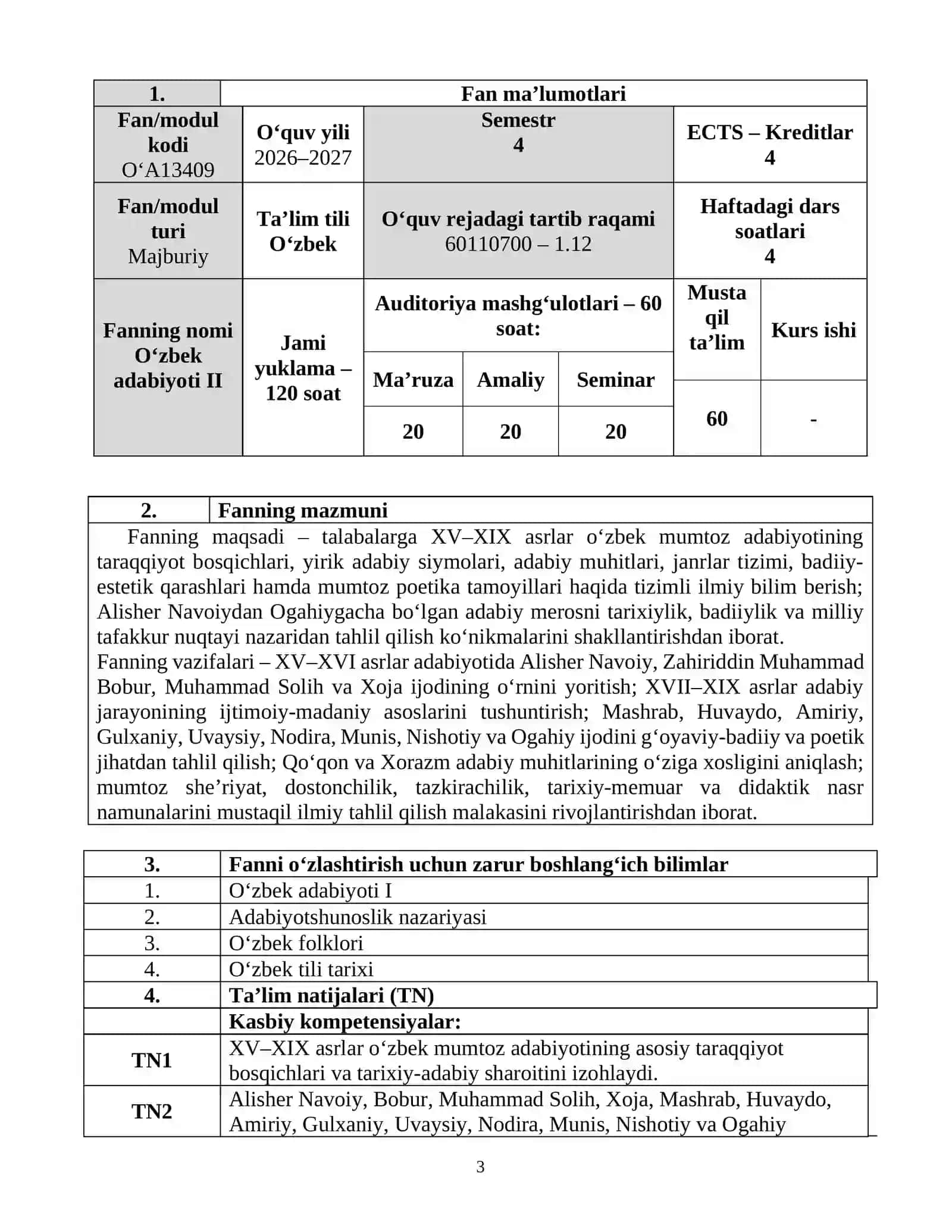 O‘ZBEK ADABIYOTI II FANINING O‘QUV DASTURI 3