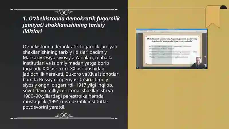 Oʻzbekistonda demokratik fuqarolik jamiyati asoslarining shakllanishi,amalga oshirilgan siyosiy islohotlar 3