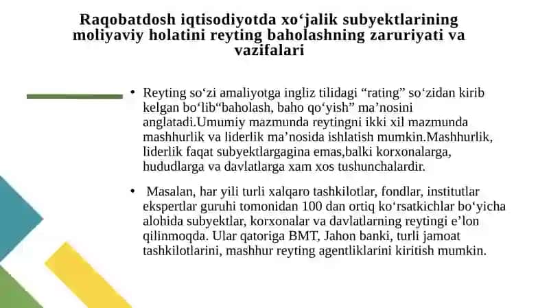 Korxonalar moliyaviy holatini reyting baholash va tahlil qilish 3