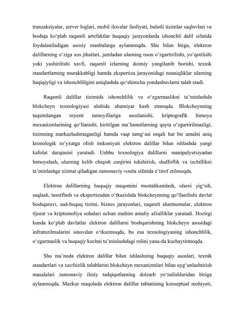 Elektron dalillar va blokcheyn ishonchlilikni ta`minlash  mexanizmlari. maqola 3