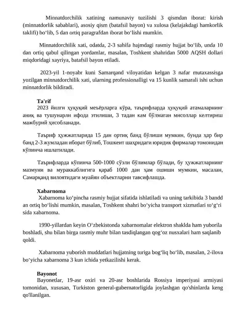 Dalolatnoma, buyuraman, bayonnoma, tashakkurnoma, bildirishnoma, ishonchnoma, tavsiyanoma, tavsifnoma 3