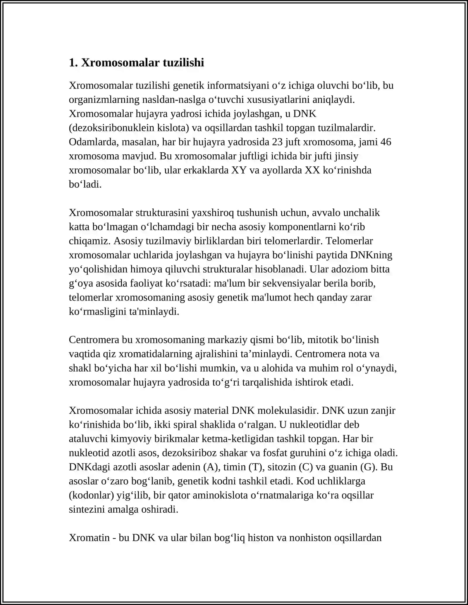 TIRIK MAVJUDOTLAR XRAMASOMALAR TUZULISHI, SONI VA GENETIK XARITALASHDAGI AHAMOYATI 3