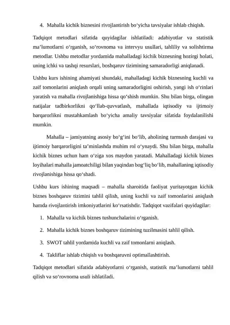 Mahalliy kichik biznes boshqaruv tizimini tahlil qilish va kuchli/zaif tomonlarini aniqlash yuzasidan tahliliy ma’lumot 3