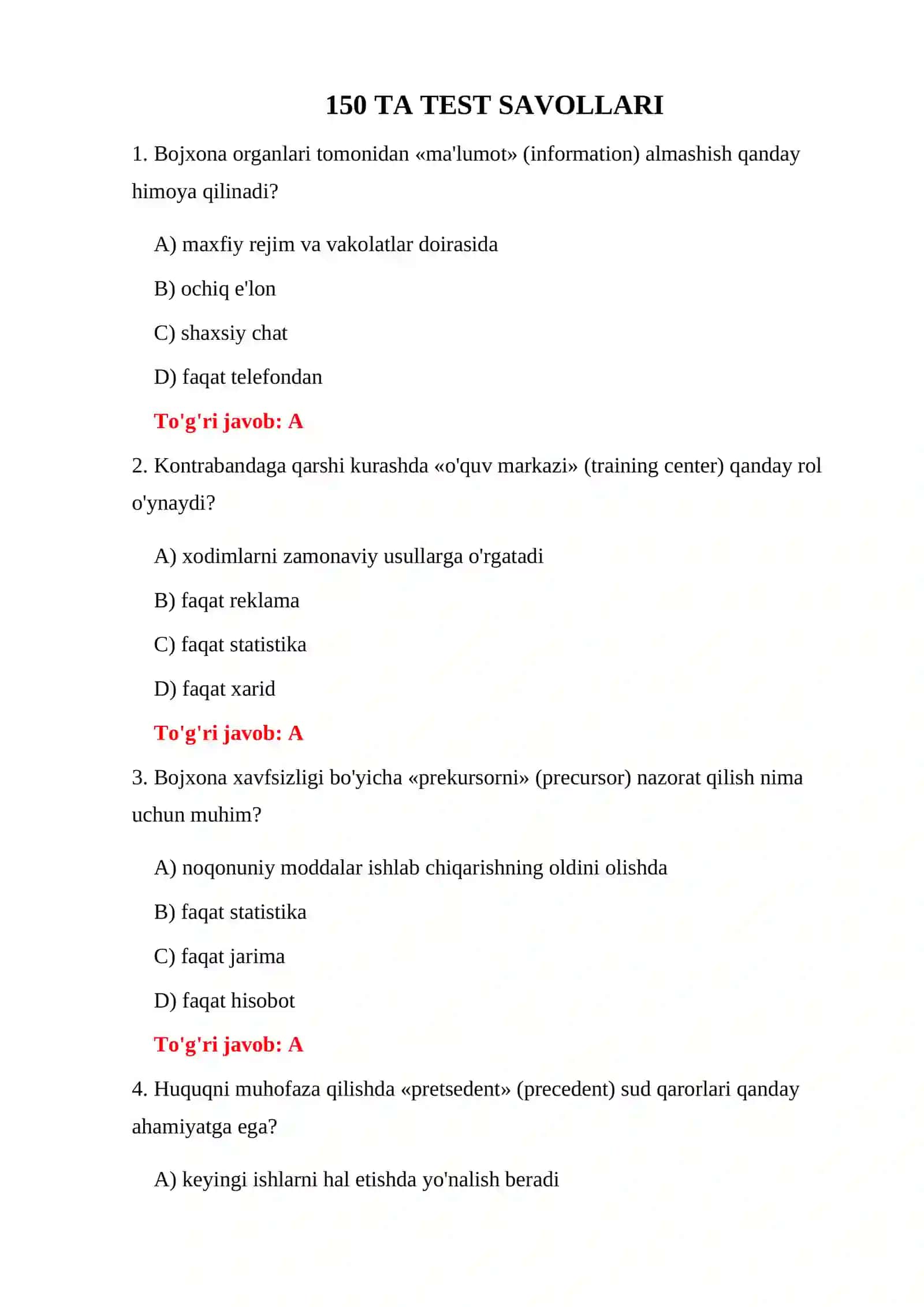BOJXONA HUQUQBUZARLIKLARI TESTLARI 3
