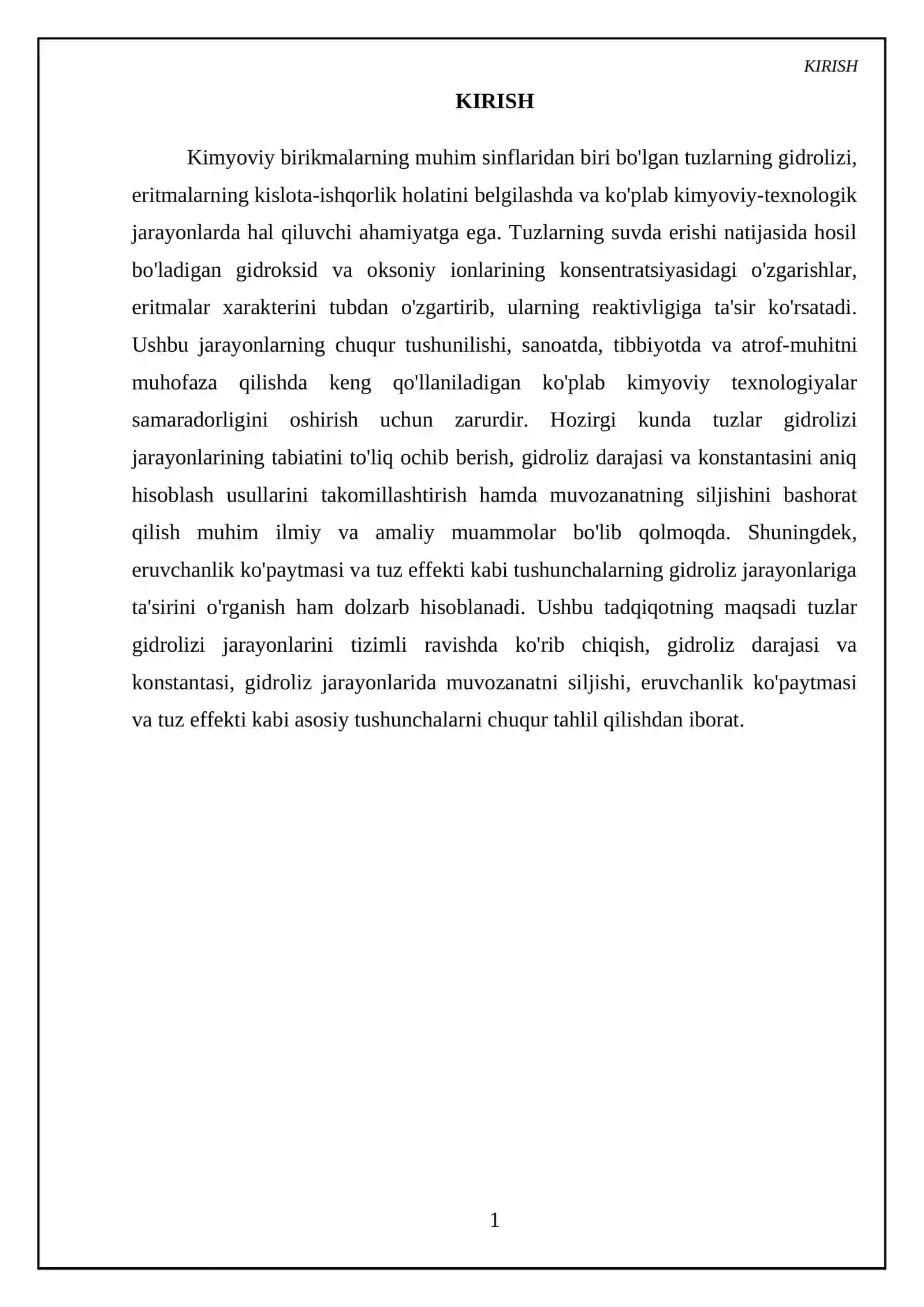 Tuzlar gidrolizi. Gidroliz darajasi va konstantasi. Gidroliz jarayonlarida muvozanatni siljishi. Eruvchanlik ko’paytmasi. Tuz effekti 3