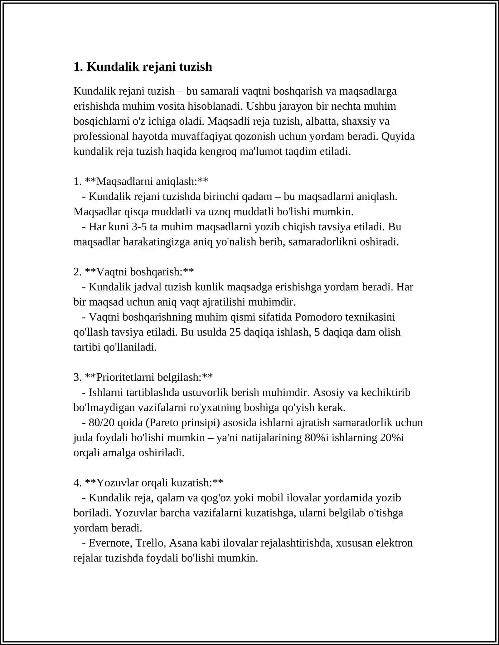 Kundalik rejani tuzish 3