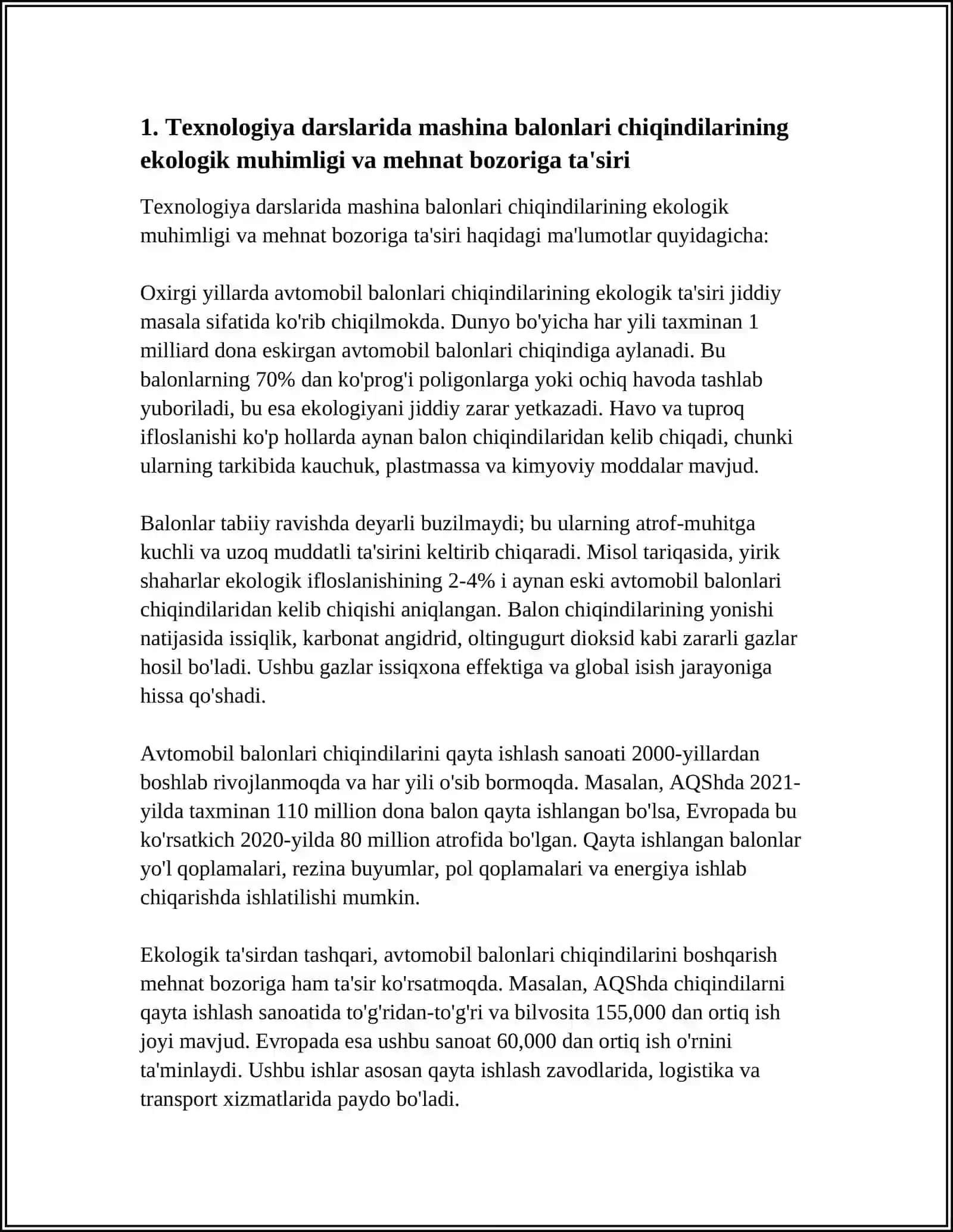 TEXNOLOGIYA DARSLARIDA ZAMONAVIY MEHNAT BOZORIGA MASHINA BALONLARI CHIQINDILARIDAN QAYTA ISHLASH TEXNOLOGIYASI 3