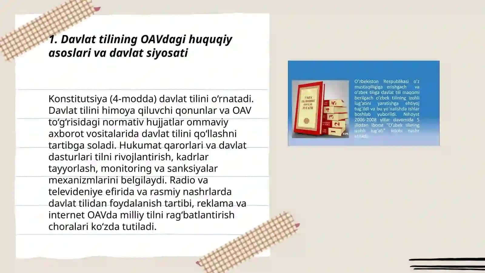 Davlat tilining OAV dagi ahamiyati, davlat tilining omma orasida qo'llanilish darajasi ish yurituvlardagi o'rnini tahlil qilish 3