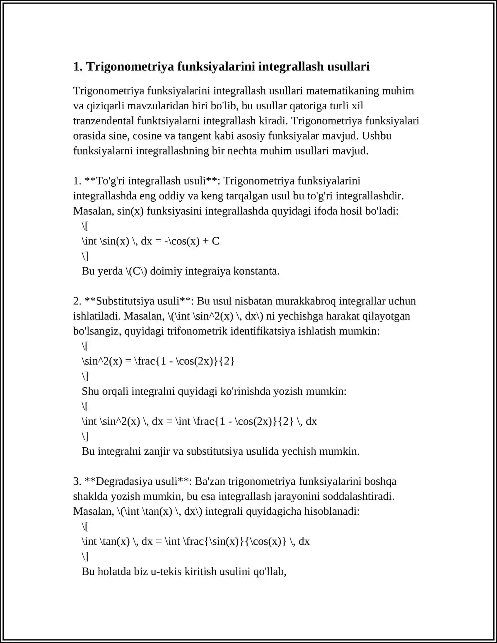 TRIGONOMETRIK VA BA'ZI IRRATSIONAL FUNKSIYALARNI INTEGRALLASH 3
