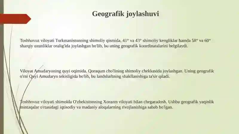 Toshhovuz viloyati tabiiy geografiyasi 3