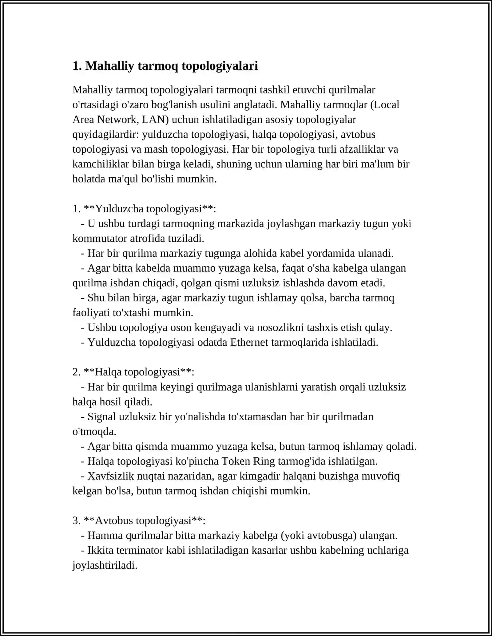 TARMOQ TOPOLOGIYASI.LOKAL TARMOQ ORQALI AXBOROTLAR ALMASHISH 3