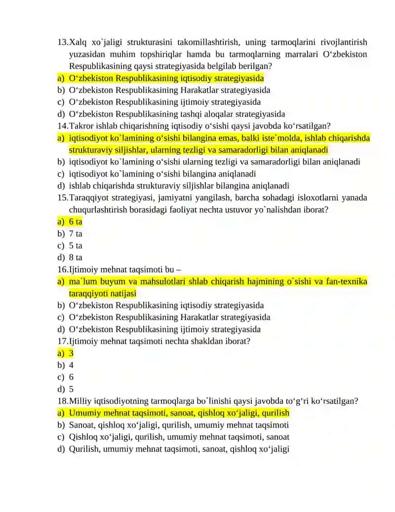 Tarmoqlar iqtisodiyoti fanidan yakuniy test savollari javoblari bilan 3