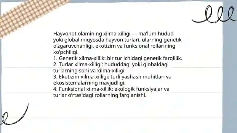 Hayvonot olamining xilma-xilligi va uning tabiatda tutgan oʻrni Toshtemirova Marjona 3