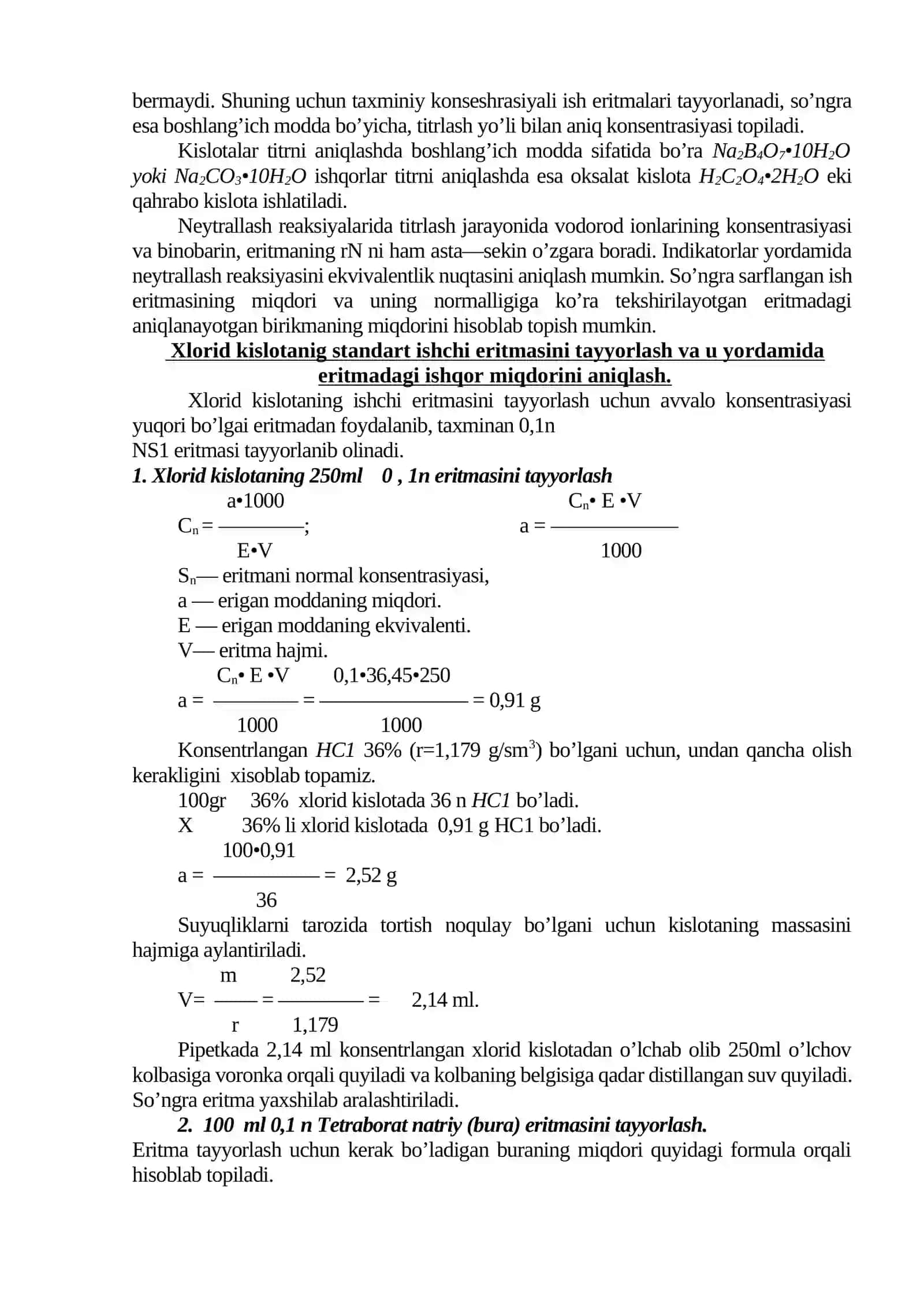 XLORID KISLOTANING STANDART ISHCHI ERITMASINI TAYYORLASH VA UNING YORDAMIDA ERITMADAGI ISHQOR MIQDORINI ANIQLASH 3
