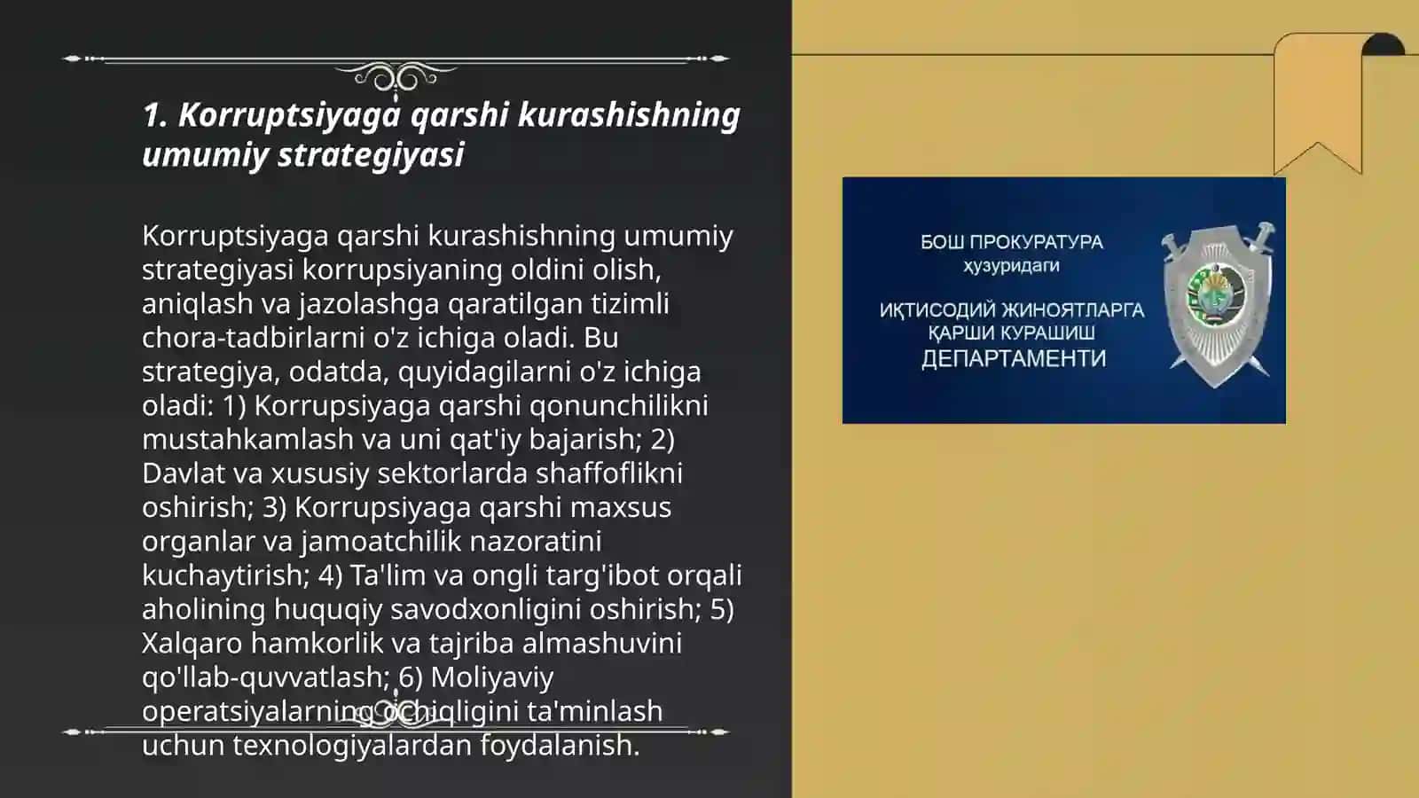 Korrupsiyaga qarshi kurashish sohasida O‘zbekiston Respublikasi Bosh Prokuratura huzuridagi iqtisodiy jinoyatlarga qarshi kurashish departamentining vakolatlari 3