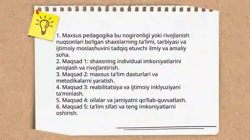 Maxsus pedagogika maqsadi, vazifalari, tarixiga oid ma'lumotlarni "Klaster" yoki "xronologik jadval " da yaratish, soha sifatida jamiyatdagi o'rni 3