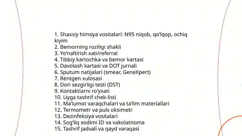 Tekshirilayotgan tuberkulez bemori oʻchogʻiga borish va tibbiy xujjatlarni toʻldirish 3