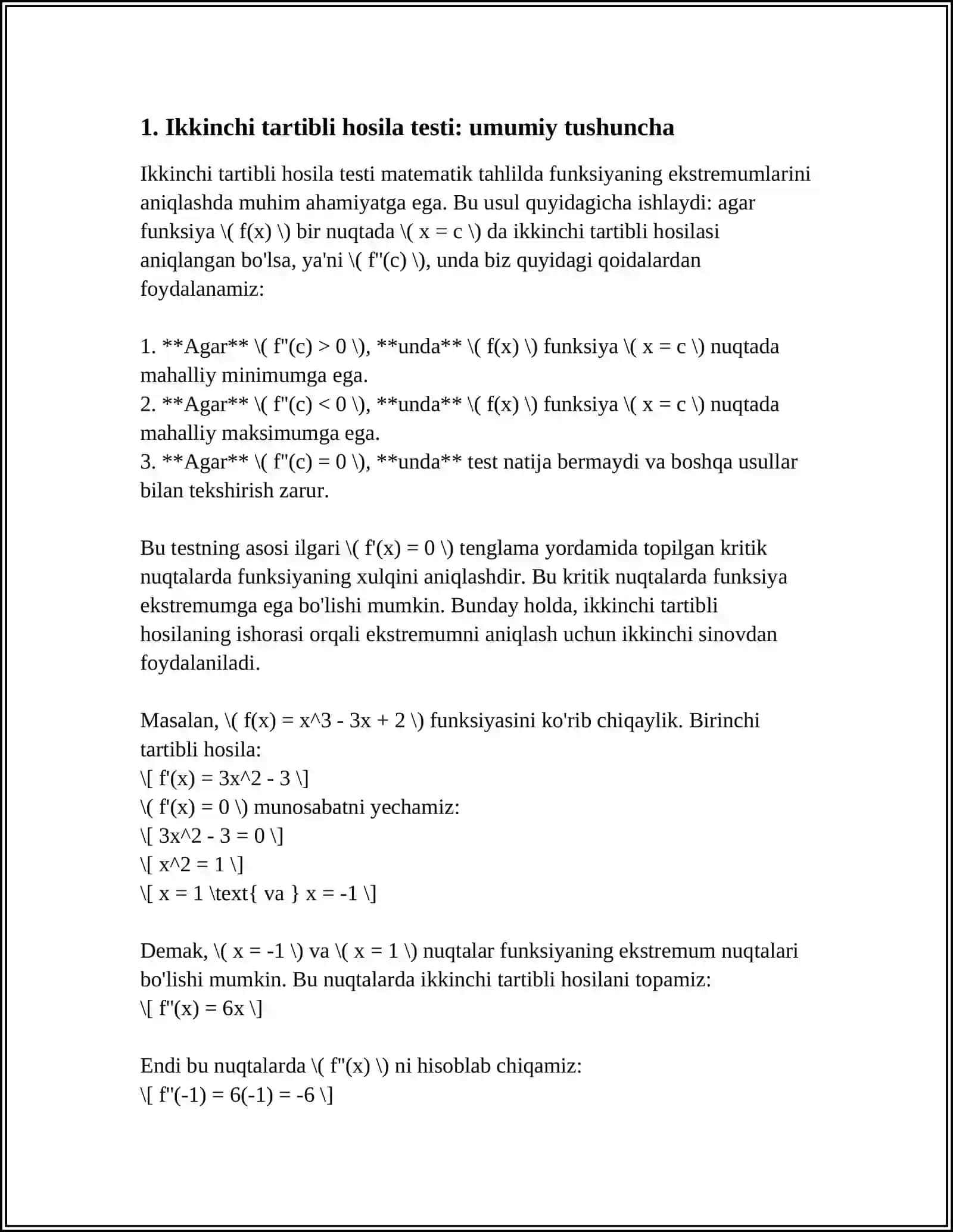 FUNKSIYANI IKKINCHI TARTIBLI HOSILA YORDAMIDA EKSTREMUMGA TEKSHIRISH 3