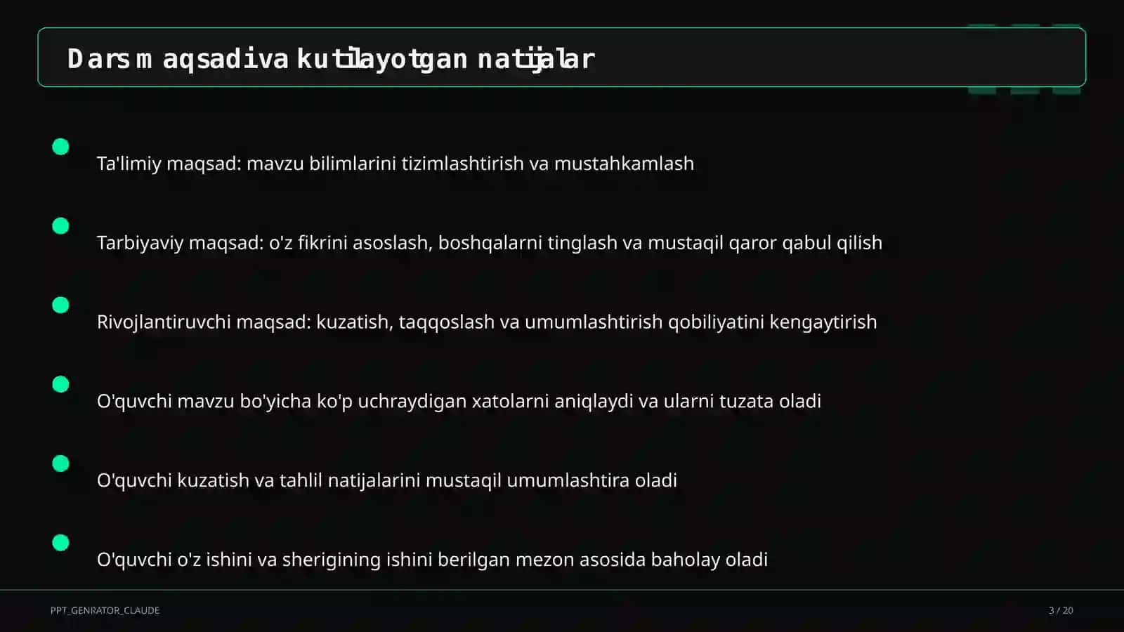 Dars tahlili: kuzatuv va baholash mezonlari 3
